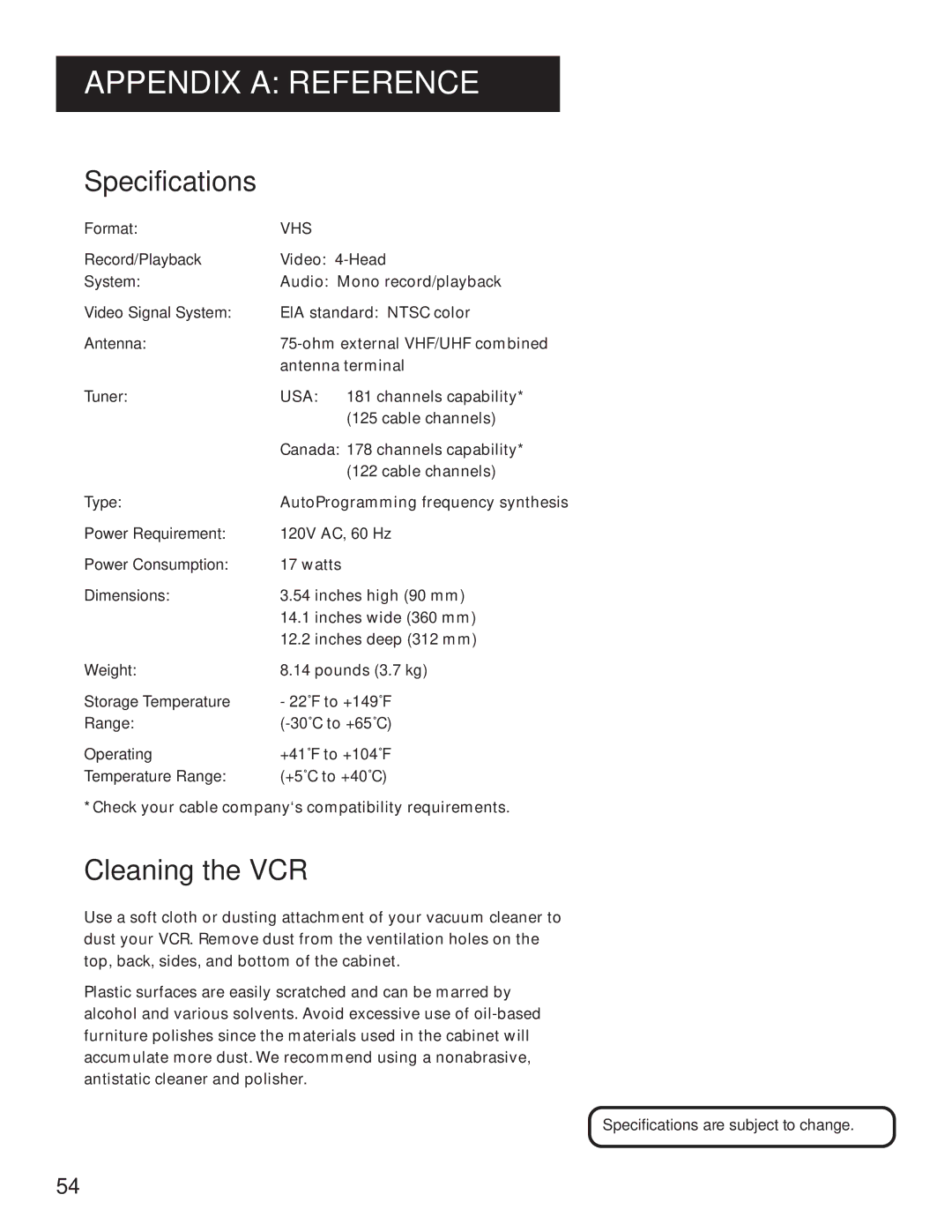 GE VG4061 manual Specifications, Cleaning the VCR 