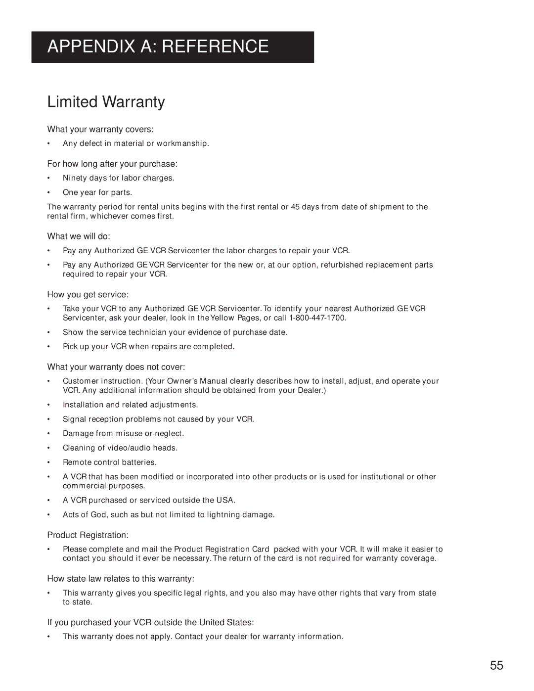 GE VG4061 manual Limited Warranty, For how long after your purchase 