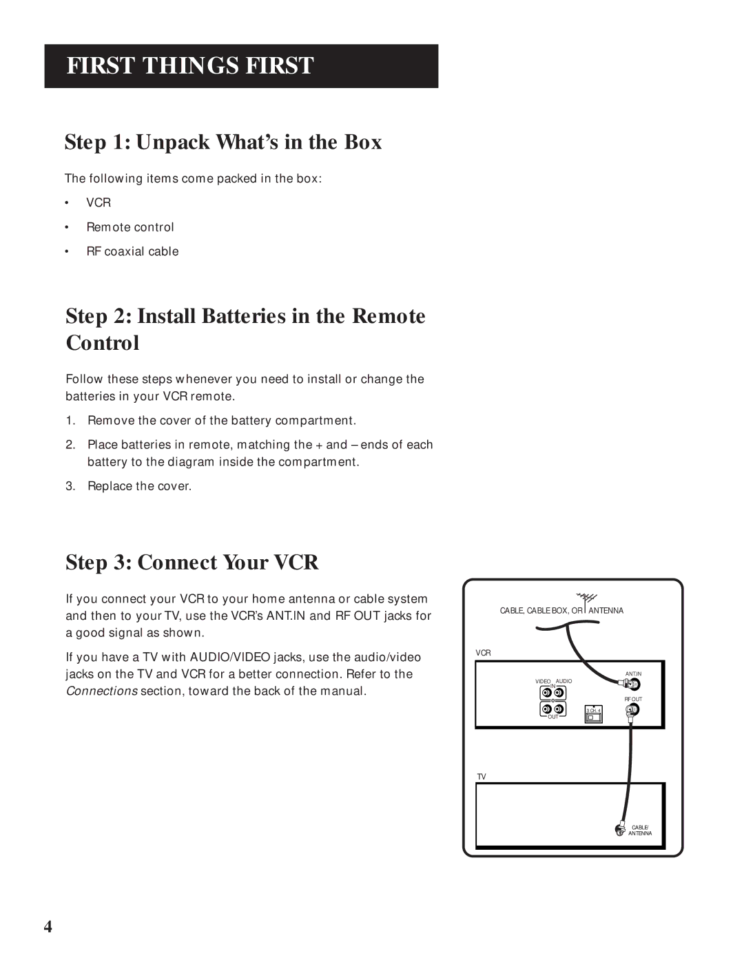 GE VG4061 manual Unpack What’s in the Box, Install Batteries in the Remote Control, Connect Your VCR 