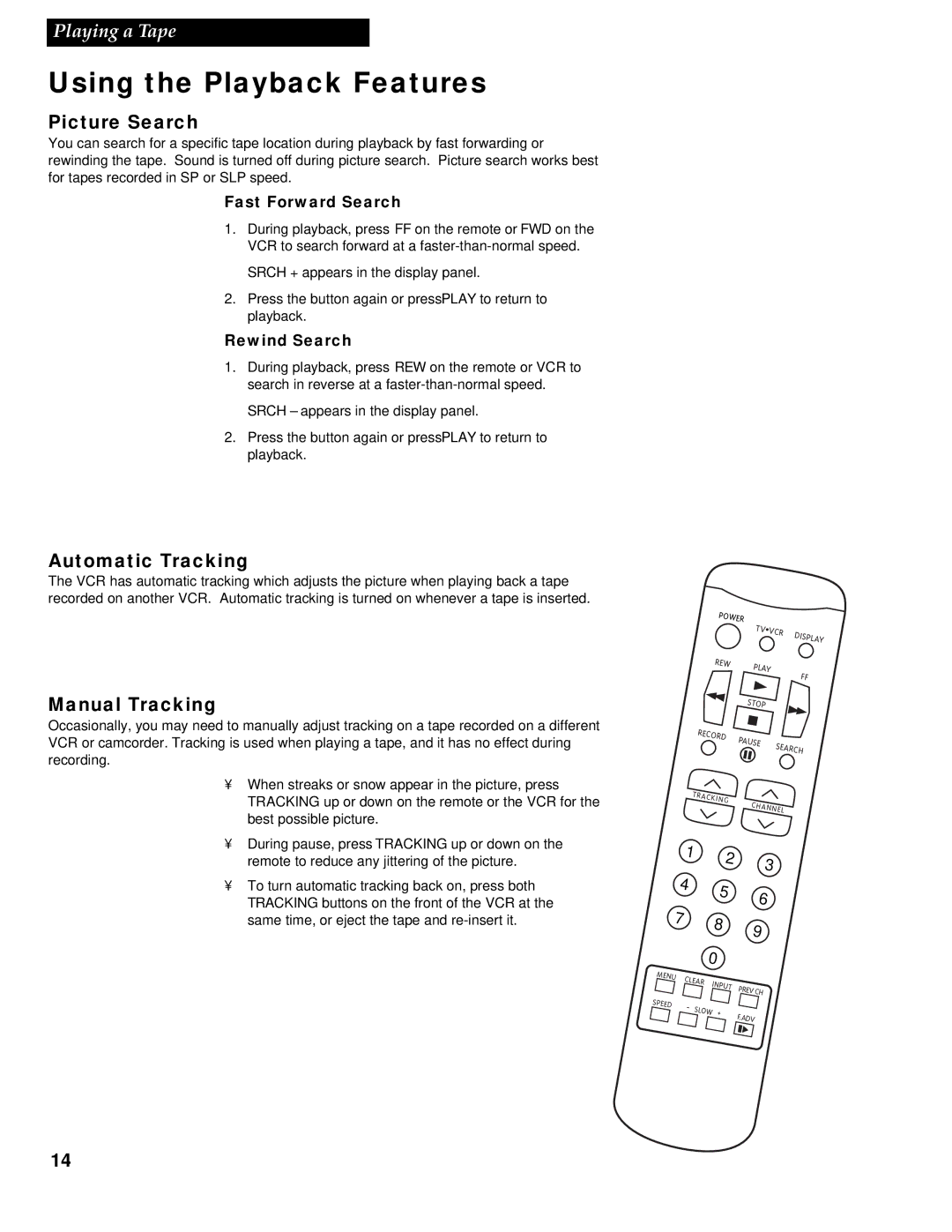 GE VG4252 manual Picture Search, Automatic Tracking, Manual Tracking, Fast Forward Search, Rewind Search 