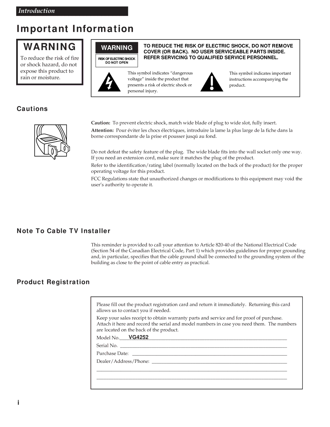 GE VG4252 manual Important Information, Product Registration 