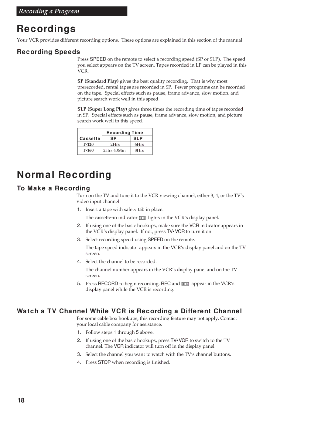 GE VG4252 manual Recordings, Normal Recording, Recording Speeds, To Make a Recording 