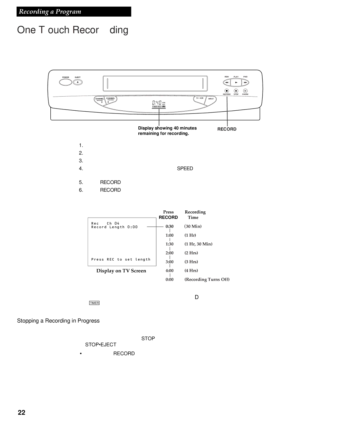 GE VG4252 manual One Touch Recording, Display on TV Screen 