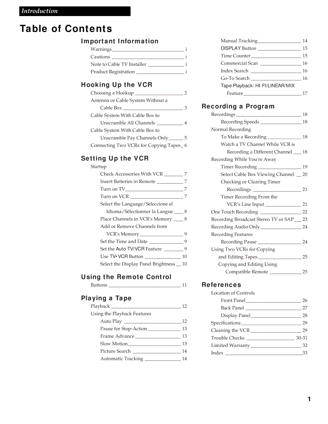 GE VG4252 manual Table of Contents 