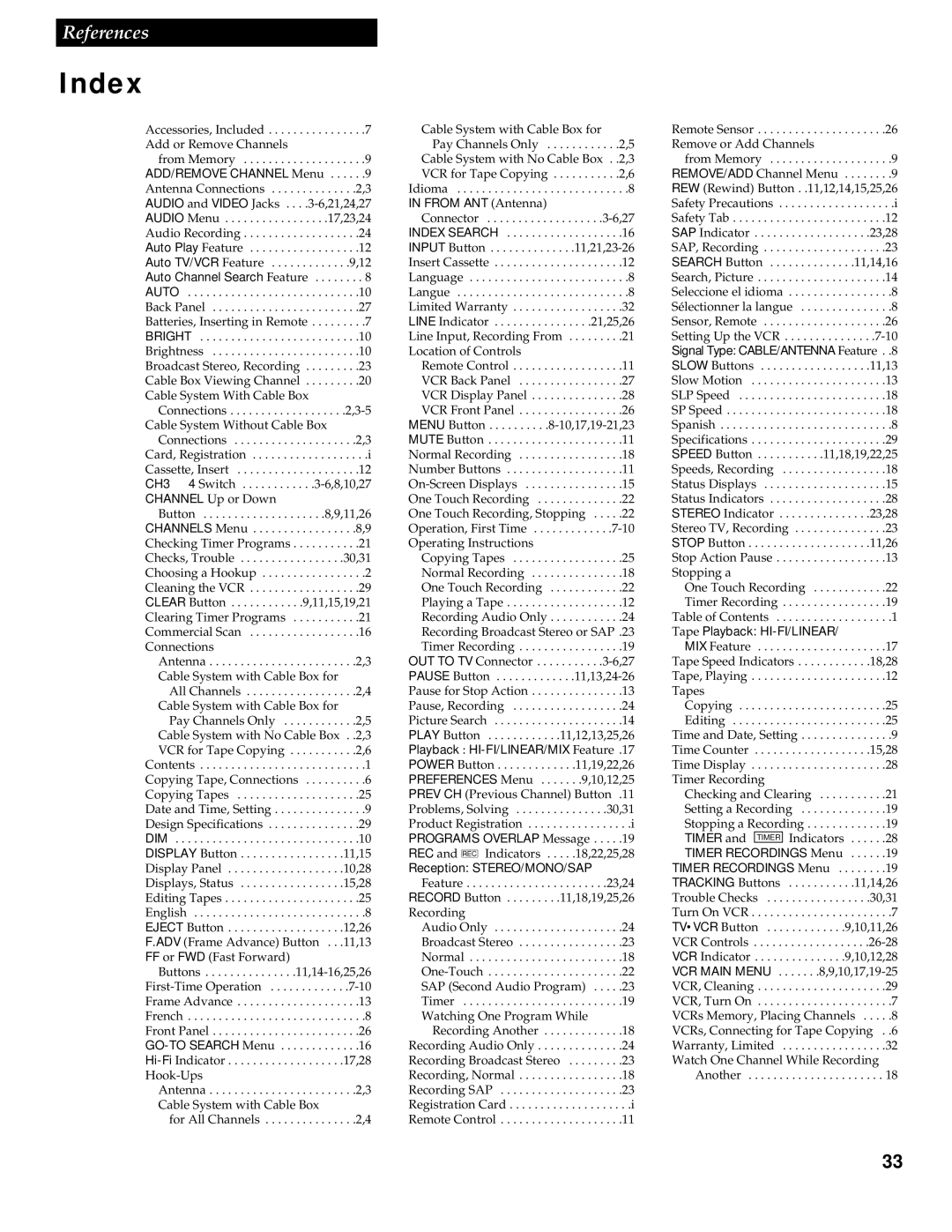 GE VG4252 manual Index, ADD/REMOVE Channel Menu 