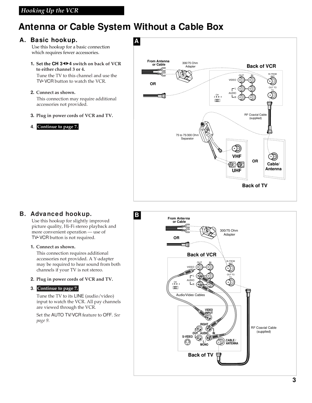 GE VG4252 manual Antenna or Cable System Without a Cable Box, Basic hookup, Advanced hookup, Back of VCR, Back of TV 