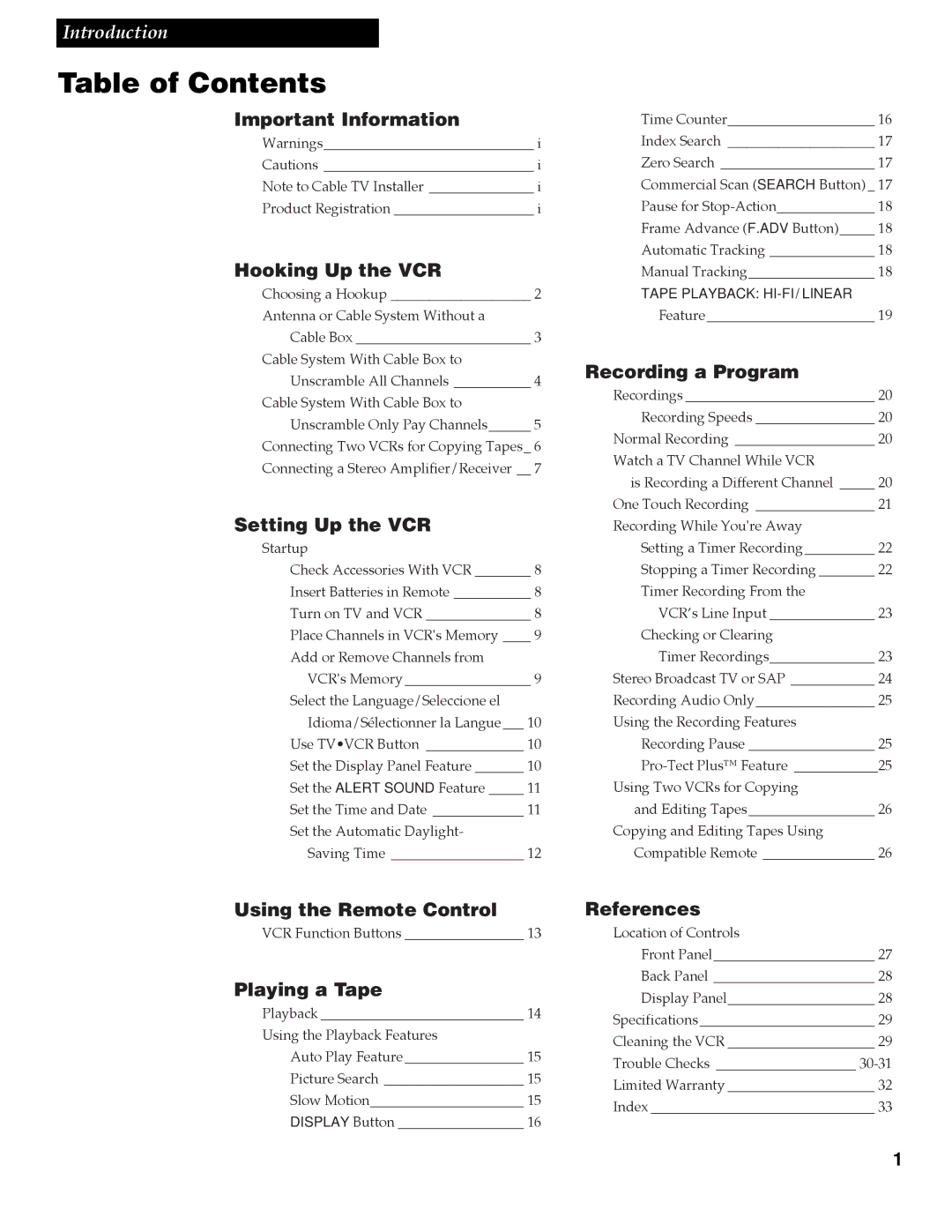 GE VG4256 manual Table of Contents 