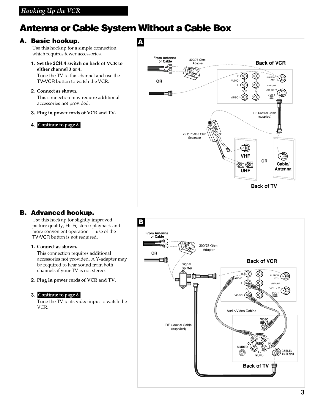 GE VG4256 manual Antenna or Cable System Without a Cable Box, Basic hookup, Advanced hookup 