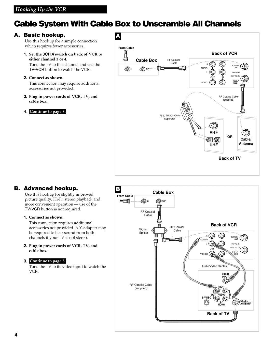 GE VG4256 manual Cable System With Cable Box to Unscramble All Channels, Plug in power cords of VCR, TV, and cable box 