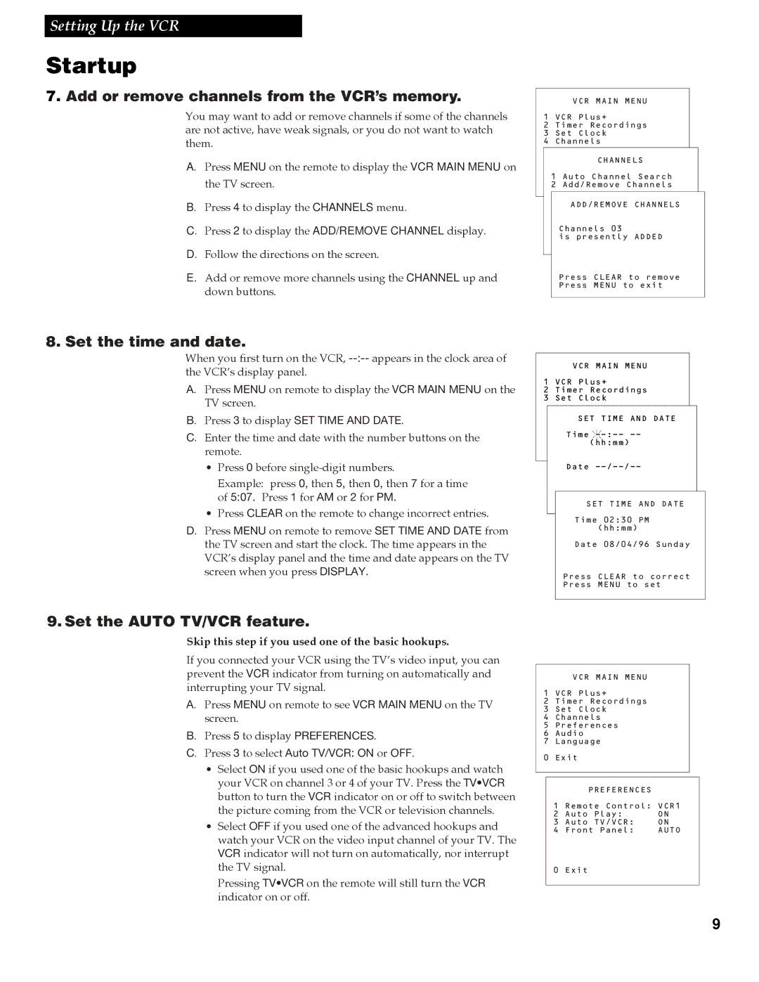 GE VG4258 manual Add or remove channels from the VCR’s memory, Set the time and date, Set the Auto TV/VCR feature 