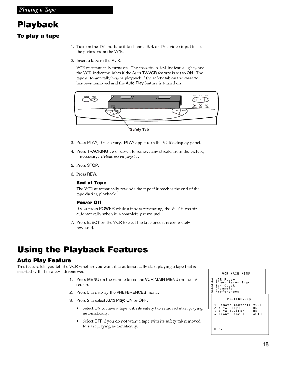 GE VG4258 manual Using the Playback Features, To play a tape, Auto Play Feature 