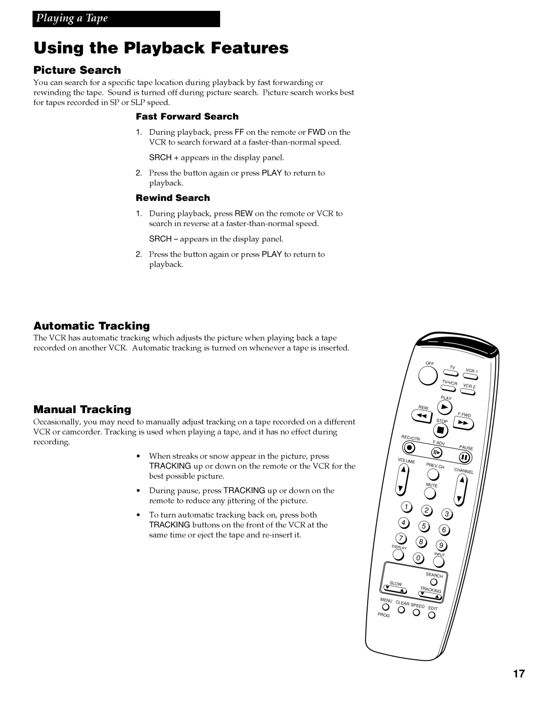 GE VG4258 manual Picture Search, Automatic Tracking, Manual Tracking, Fast Forward Search, Rewind Search 