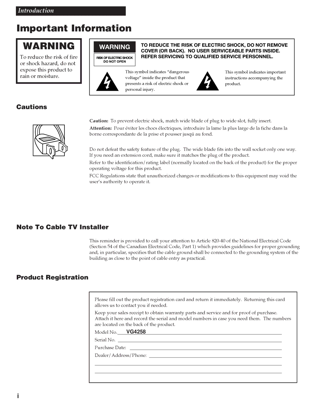 GE VG4258 manual Important Information, Product Registration 