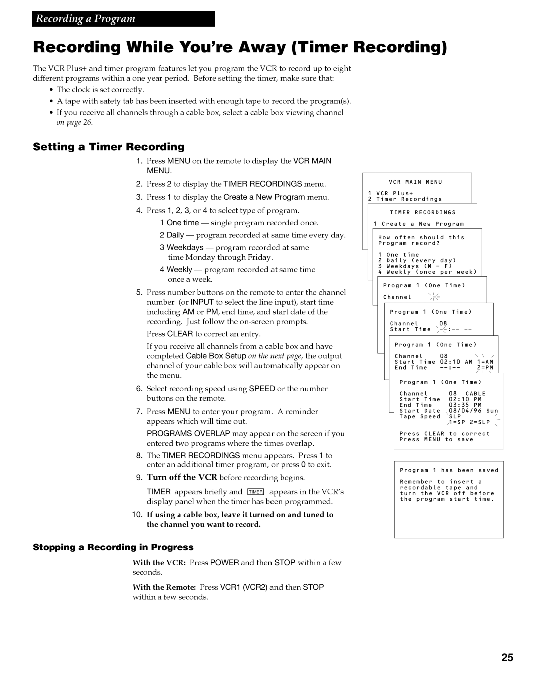 GE VG4258 manual Recording While You’re Away Timer Recording, Setting a Timer Recording 