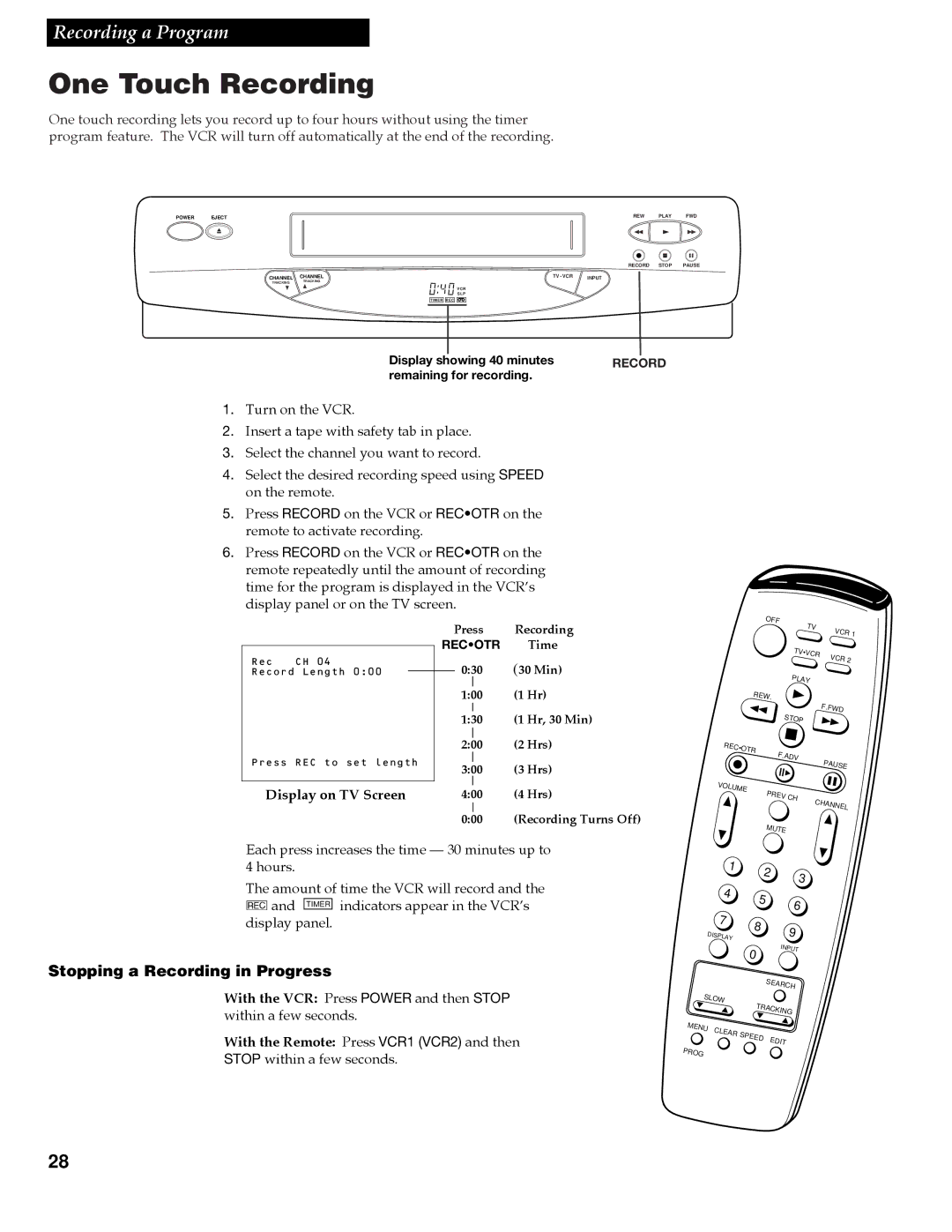 GE VG4258 manual One Touch Recording, Display on TV Screen 