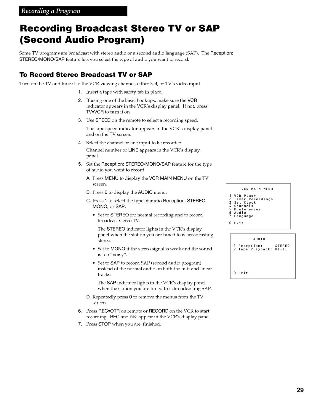 GE VG4258 manual Recording Broadcast Stereo TV or SAP Second Audio Program, To Record Stereo Broadcast TV or SAP 