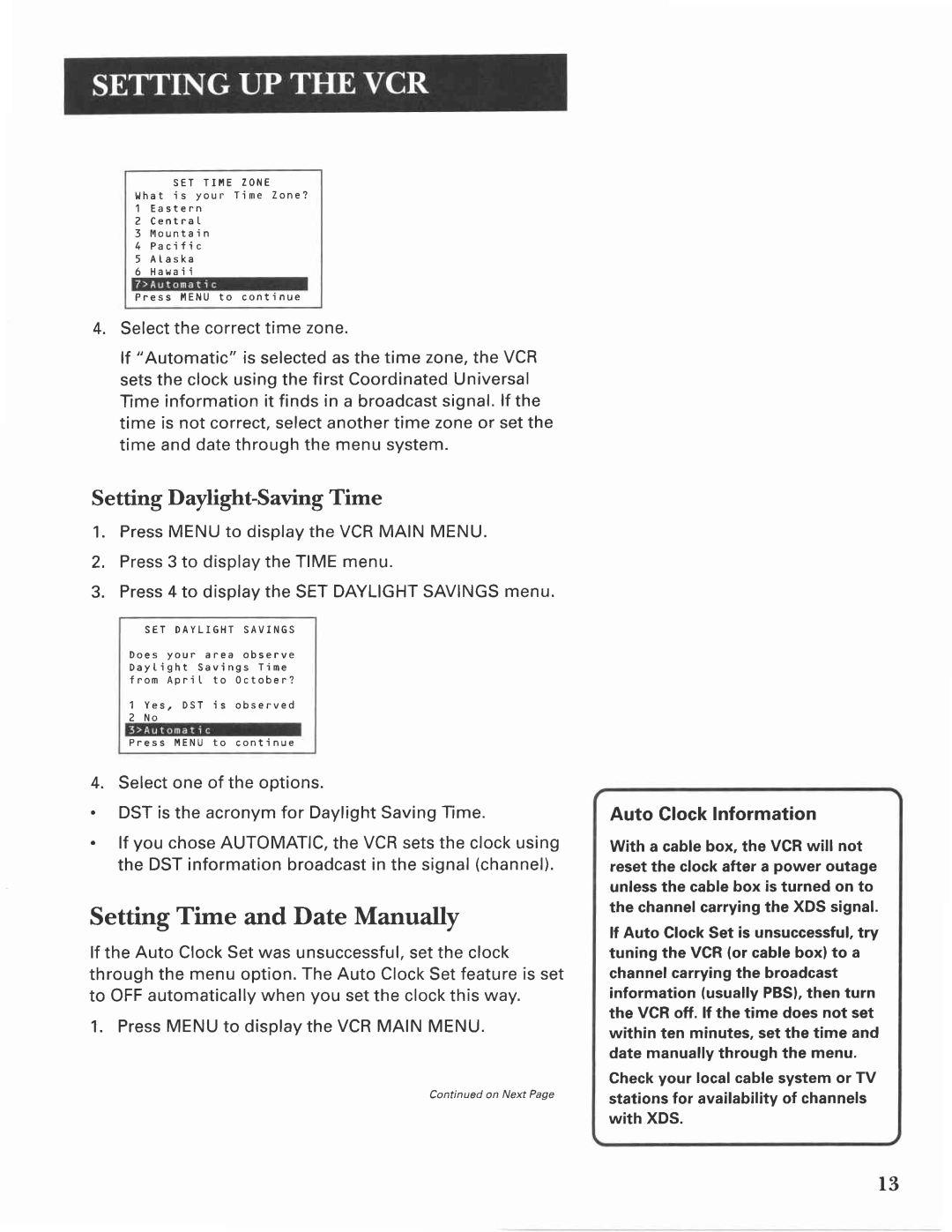 GE VG4275 manual Setting Time and Date Manually, Setting Daylight-Saving Time, Auto Clock Information 