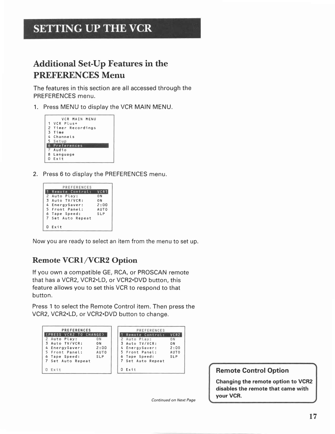 GE VG4275 manual Additional Set-Up Features in the PREFERENCESMenu, Remote Vcri /VCRZ Option, RemoteControlOption 