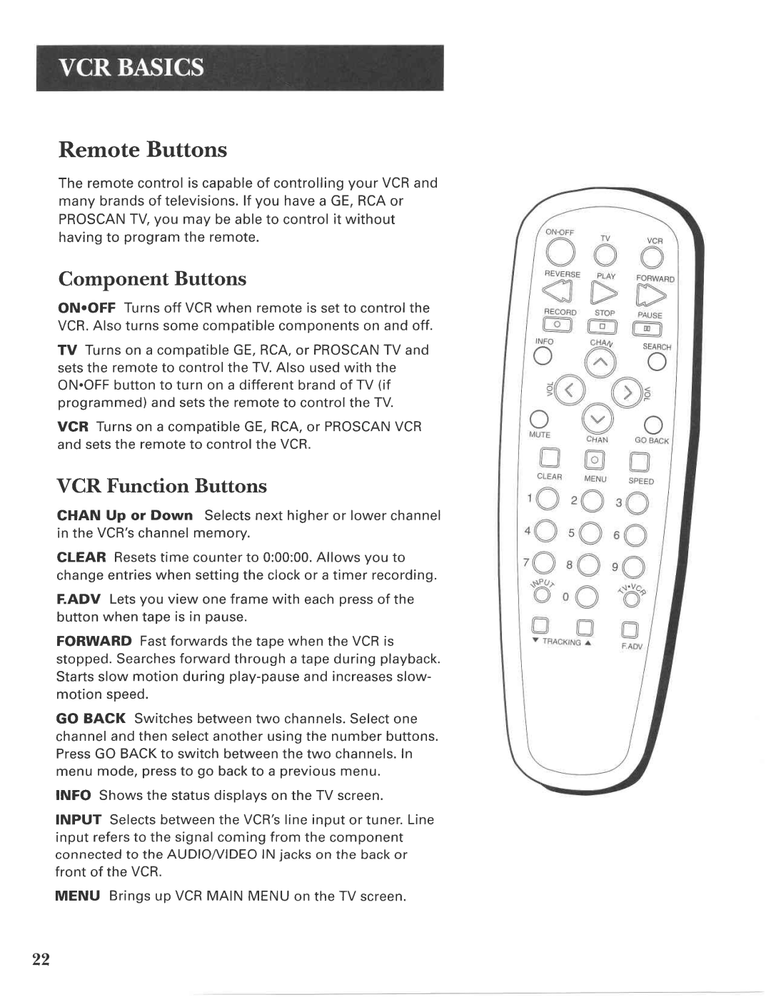 GE VG4275 manual Remote Buttons, Component Buttons, VCR Function Buttons 