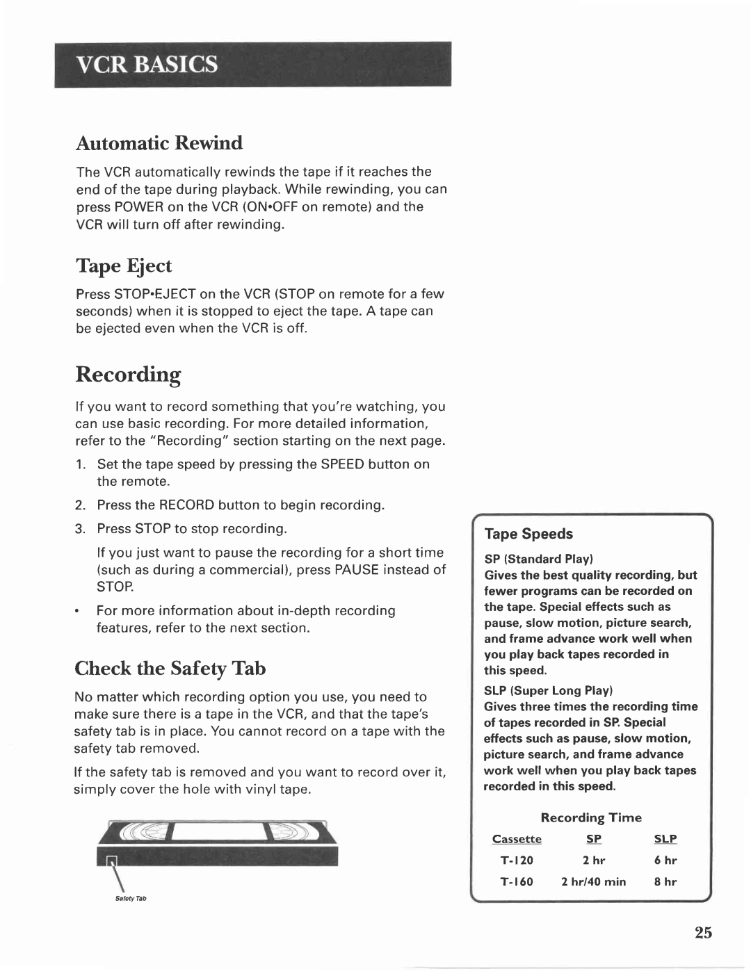 GE VG4275 manual Automatic Rewind, Tape Eject, Check the Safetv Tab 