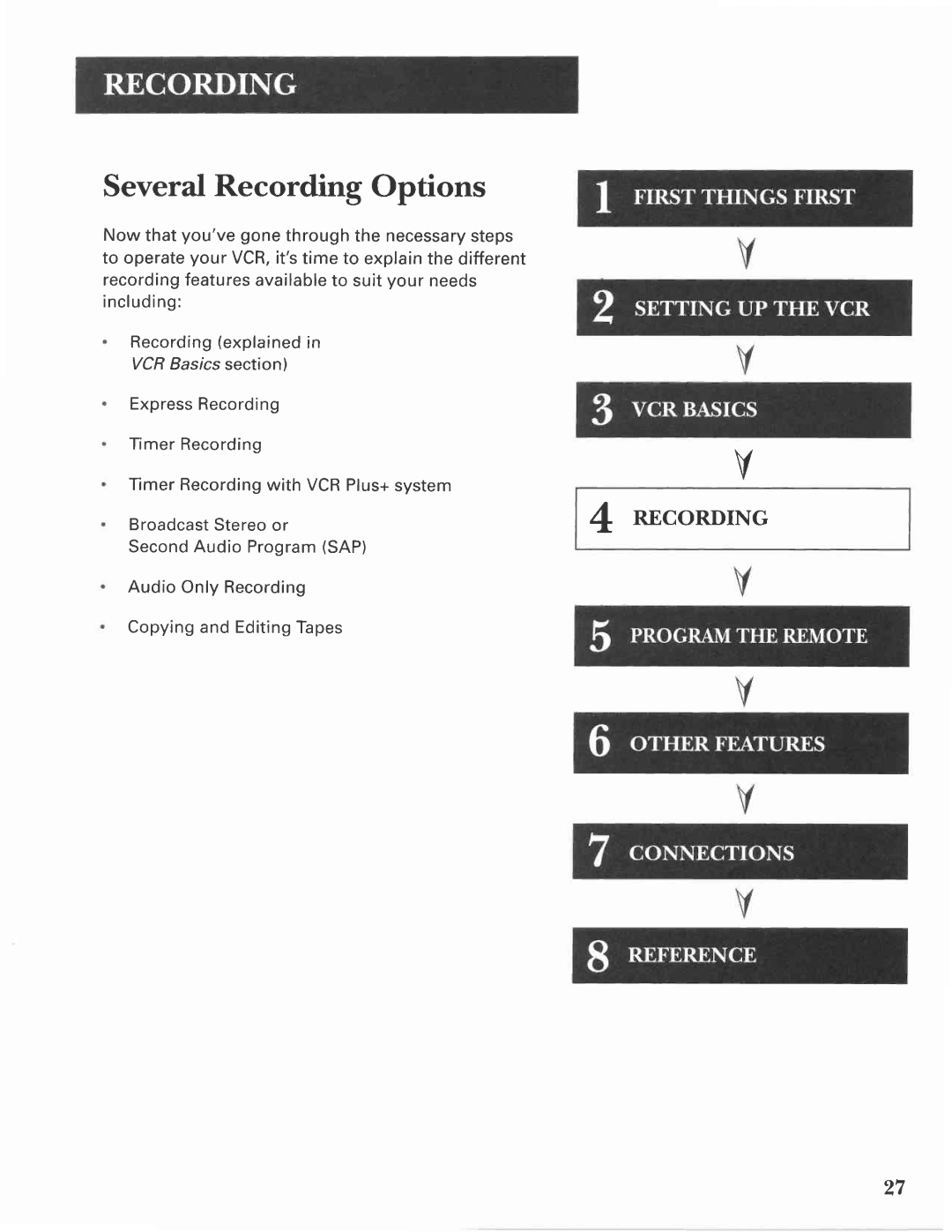 GE VG4275 manual SeveralRecording Options, RECoRDING, Audio Only Recording Copyingand EditingTapes 