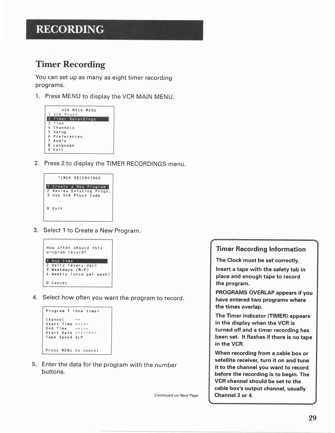 GE VG4275 manual Timer RecordingInformation 