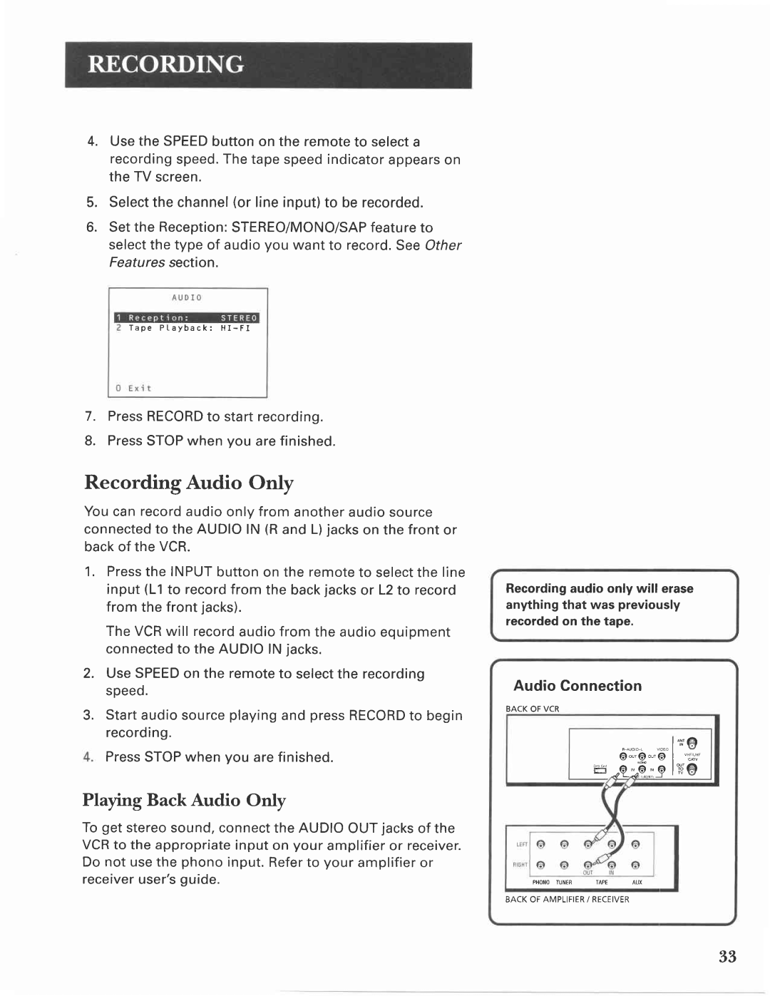 GE VG4275 manual Recording Audio Only, Playing Back Audio Orly, Ruq569liu6, Audio Connection 