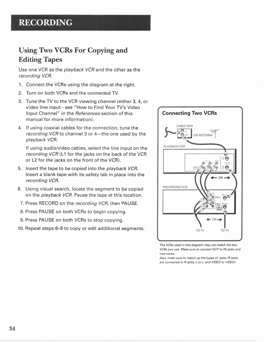 GE VG4275 manual Using Two VCRs For Copying Editing Tapes, ConnectingTwo VGRs, EoR+ 