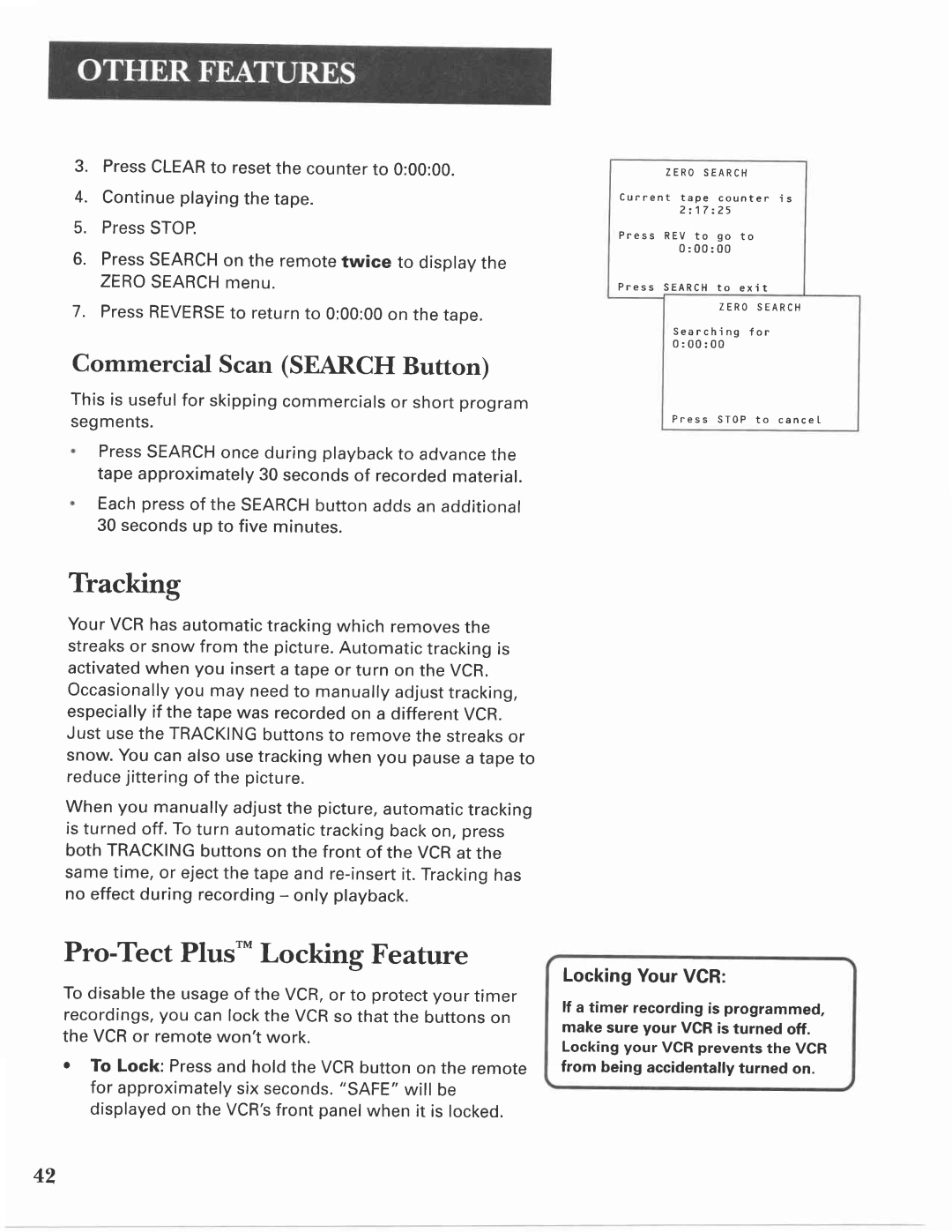 GE VG4275 manual Tracking, Pro-Tect Plus Locking Feature, Commercial Scan Search Button, LockingYourVCR 