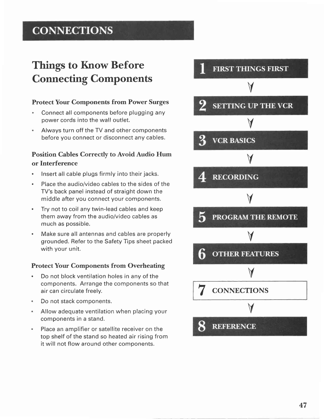 GE VG4275 manual Things to Know Before Connecting Components, CoNNECTIoNS, Protect Your Components from Power Surges 