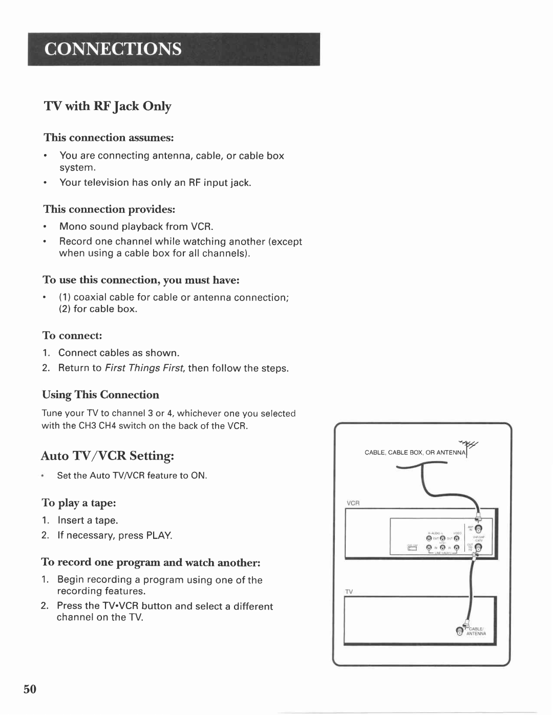 GE VG4275 manual Auto Tvivcr Setting, Using This Connection 