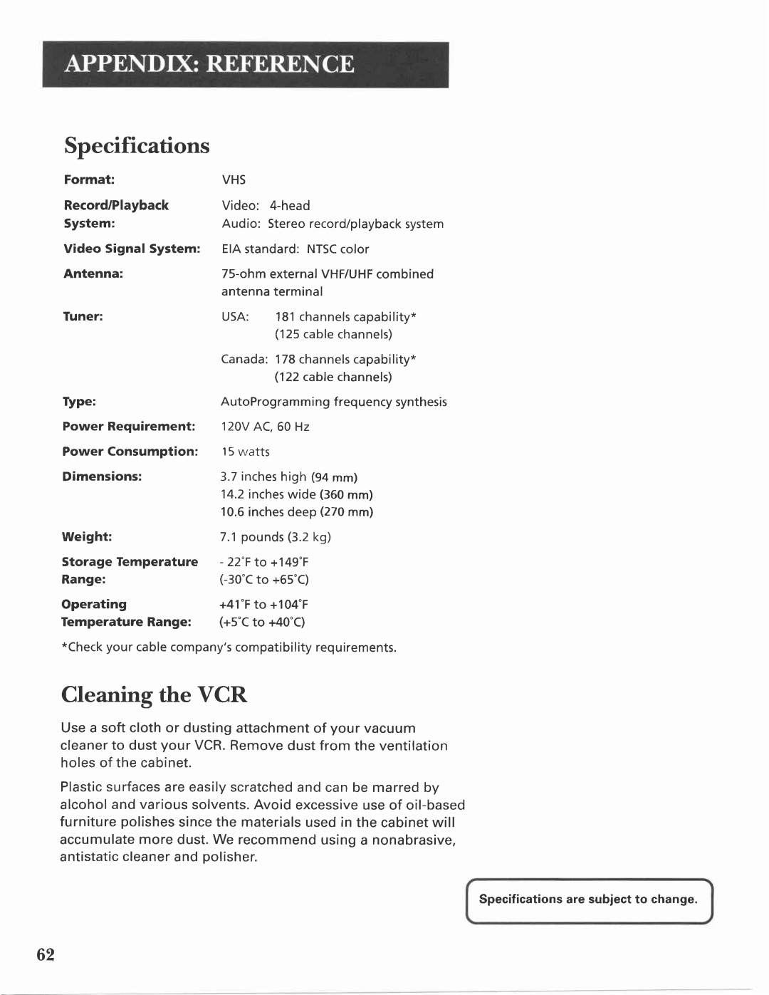 GE VG4275 manual Specifications, Cleaning the VCR 