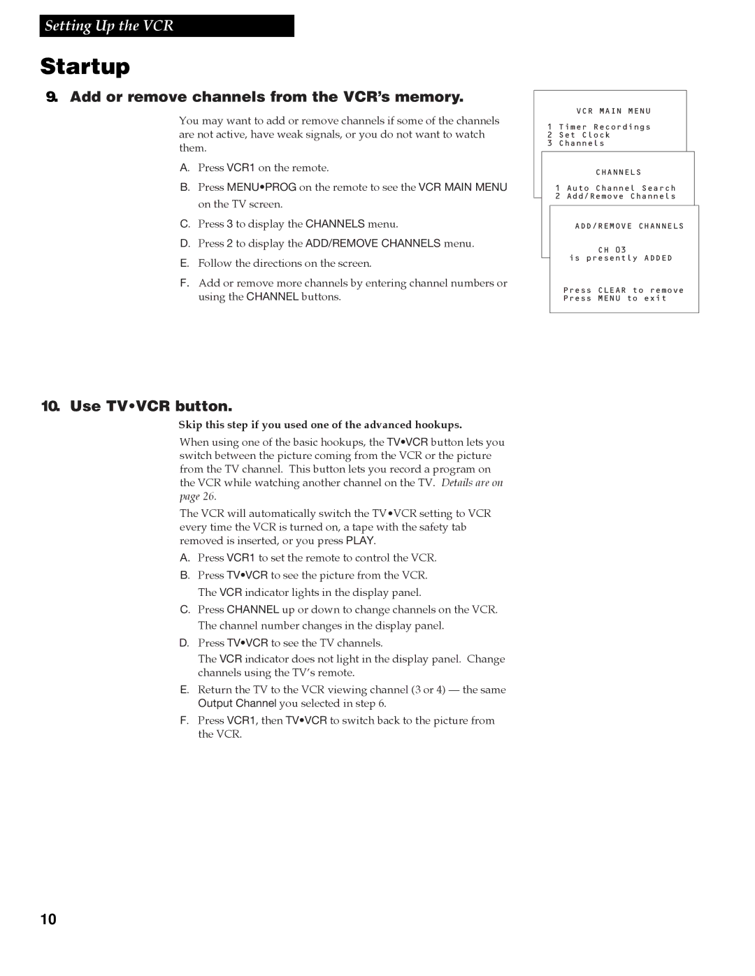 GE VGN550 manual Add or remove channels from the VCR’s memory, Use Tvvcr button 