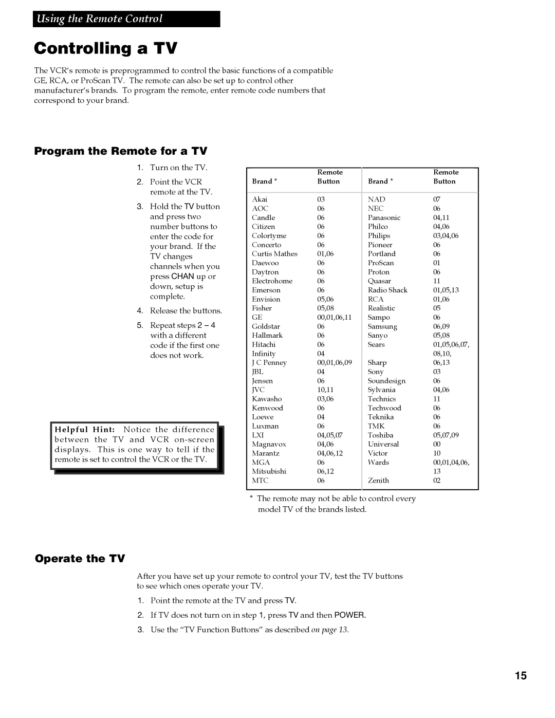 GE VGN550 manual Controlling a TV, Program the Remote for a TV, Operate the TV 