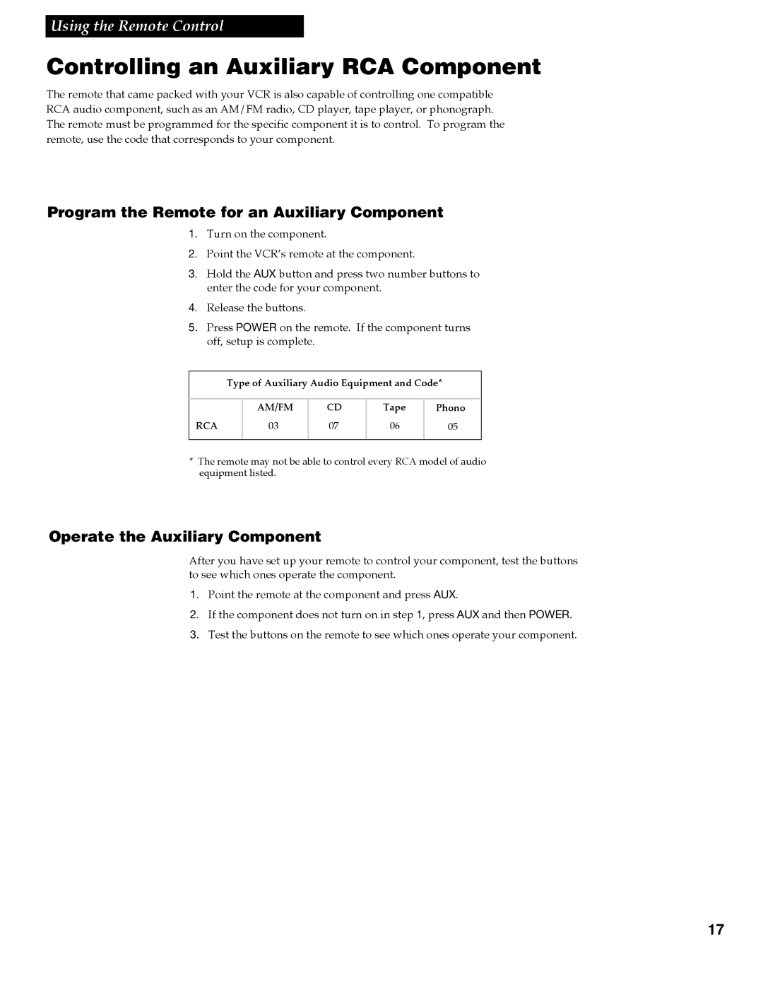 GE VGN550 manual Controlling an Auxiliary RCA Component, Program the Remote for an Auxiliary Component 