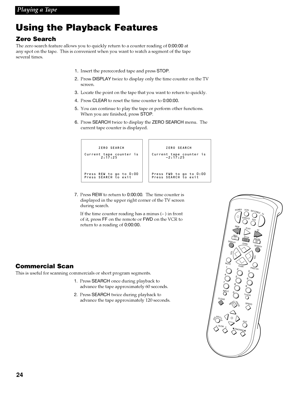 GE VGN550 manual Zero Search, Commercial Scan 