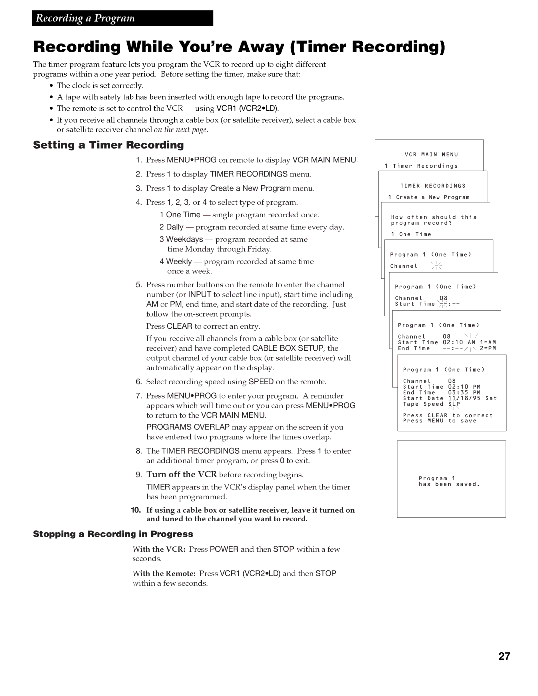 GE VGN550 manual Recording While You’re Away Timer Recording, Setting a Timer Recording 