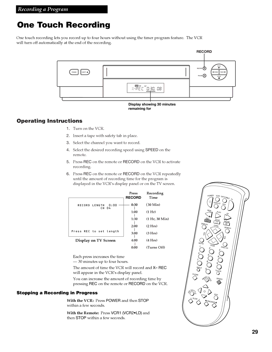 GE VGN550 manual One Touch Recording, Operating Instructions, Display on TV Screen 