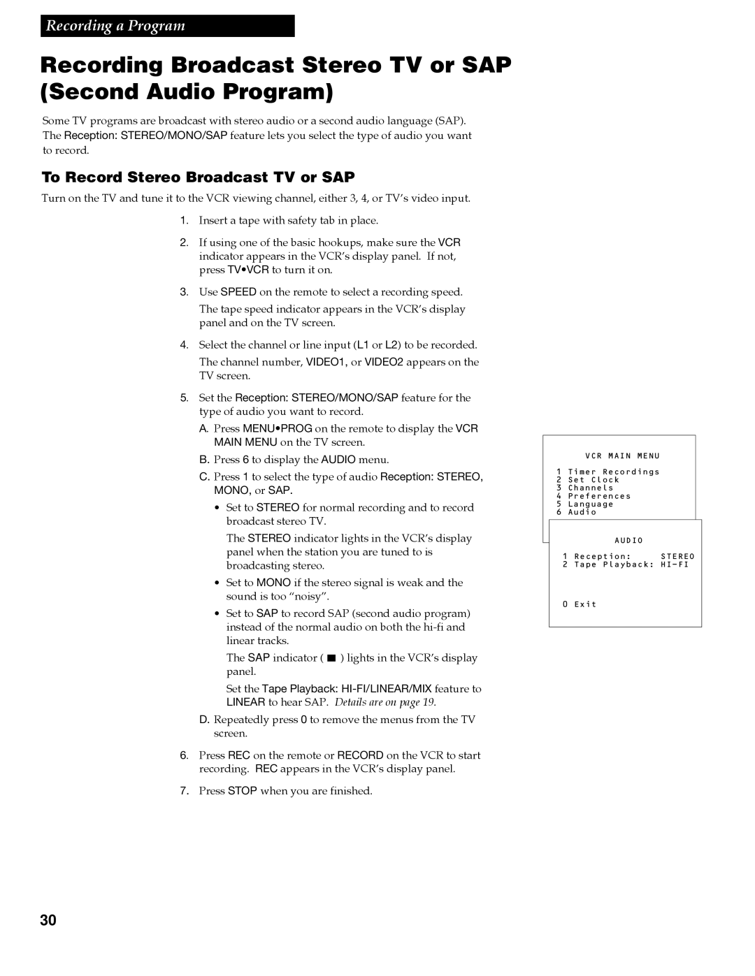 GE VGN550 manual Recording Broadcast Stereo TV or SAP Second Audio Program, To Record Stereo Broadcast TV or SAP 