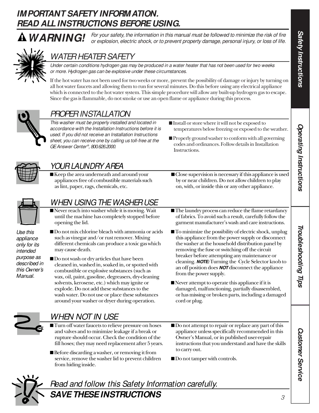 GE VBSR2060, VJSR2070, VBXR2070, VBSR1070, VBXR1060, YBXR2070, YBXR1060, YJSR2070, 175D1807P239 owner manual Water Heater Safety 