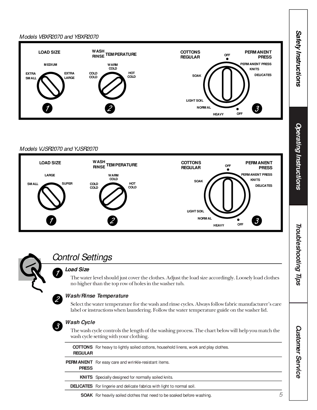 GE YBXR2070, VJSR2070, VBXR2070, VBSR1070, VBSR2060, VBXR1060, YBXR1060, YJSR2070, 175D1807P239 owner manual Control Settings 