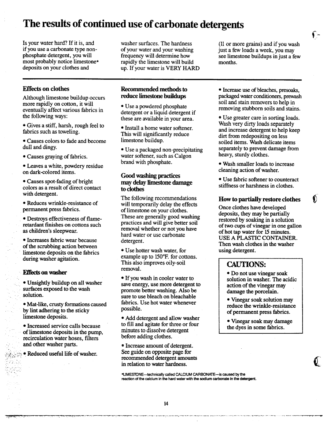 GE VVVVA8876M, 113D5497P183 warranty Results of use of carbonate detergents, Effixts on clothes, ~’ects on washer 