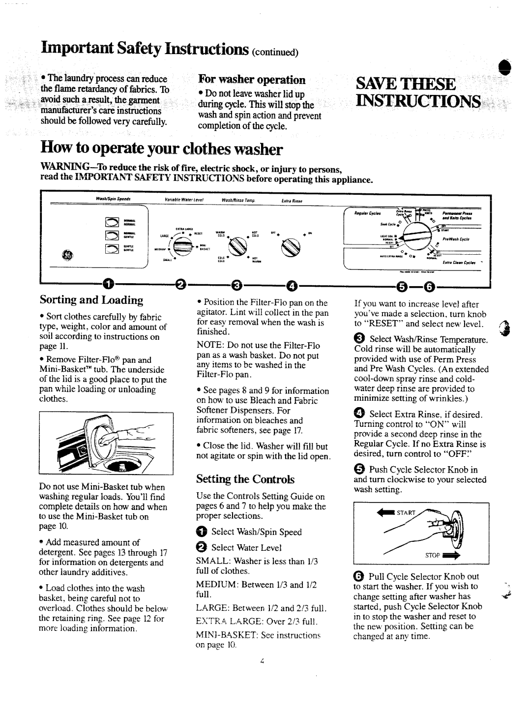 GE VVVVA8876M HpOrt@ Safety Instructions, How to operate your clothes washer, For washer operation, Sorting and Loading 