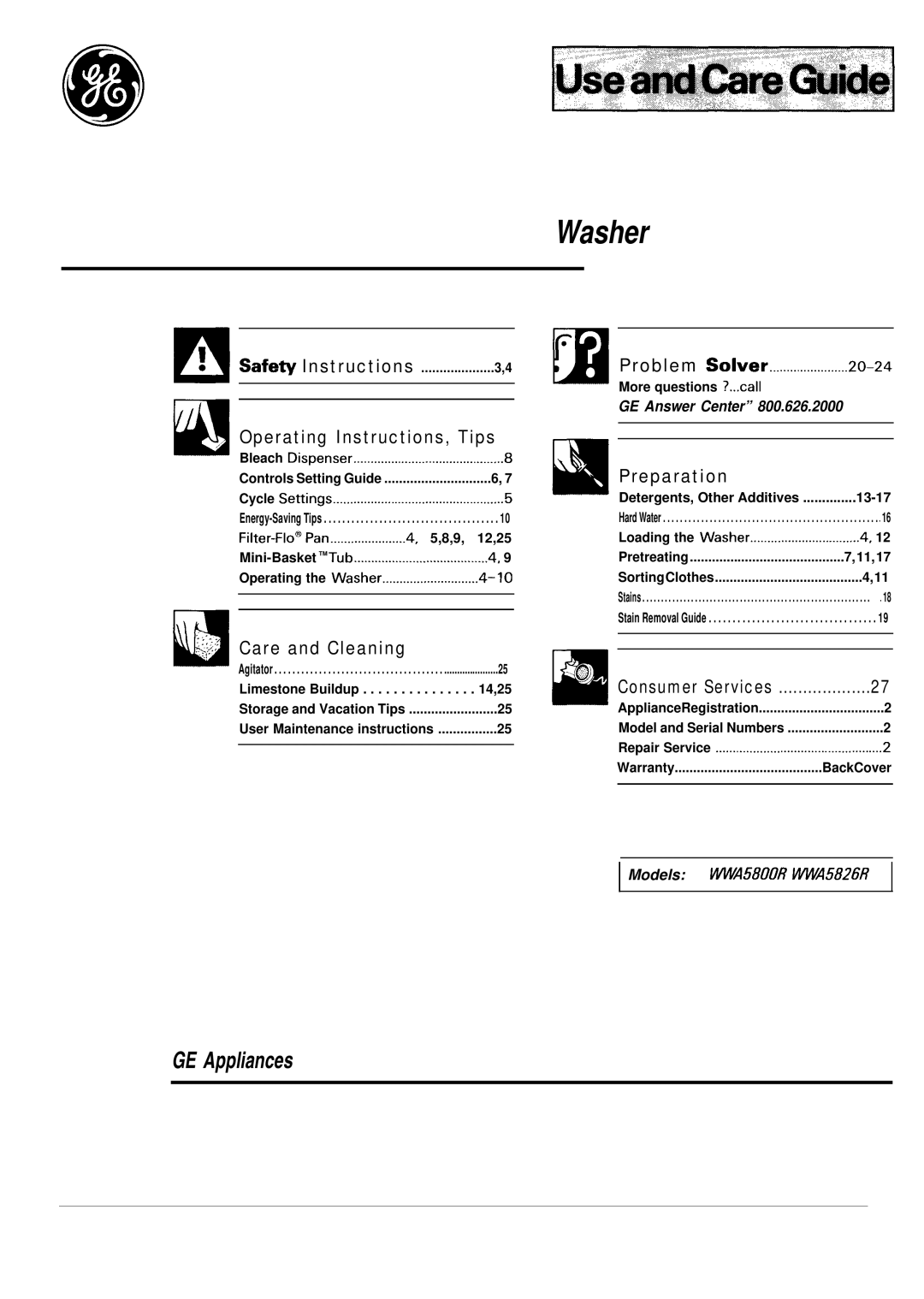 GE WA5826R, WA5800R operating instructions Washer 