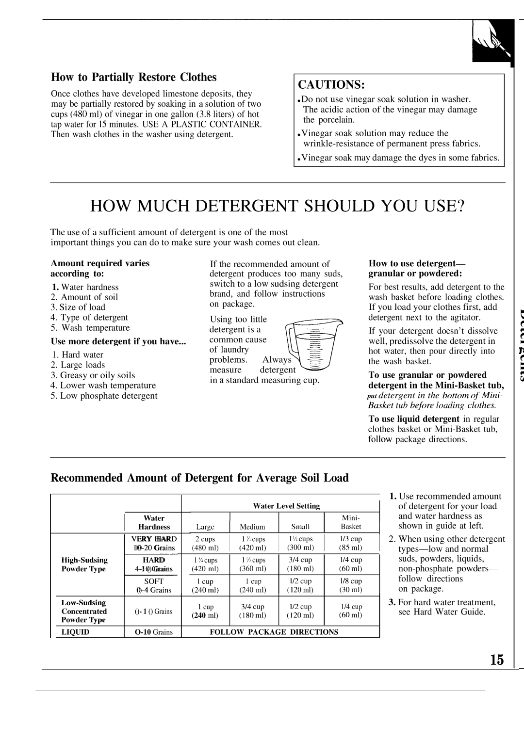 GE WA5826R, WA5800R operating instructions HOW Much Detergent should YOU USE?, How to Partially Restore Clothes 