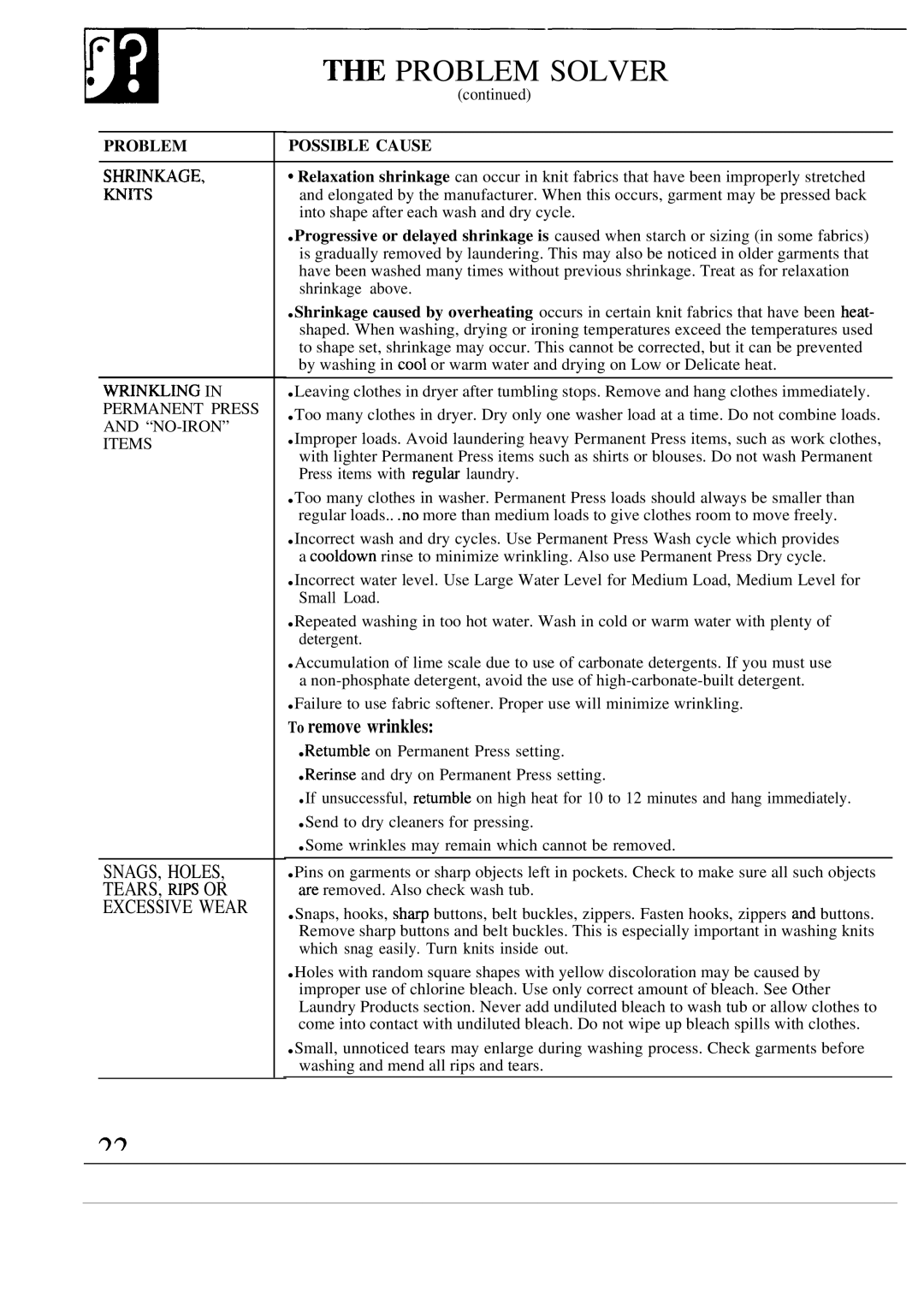 GE WA5800R, WA5826R operating instructions ~ Problem Solver, To remove wrinkles 