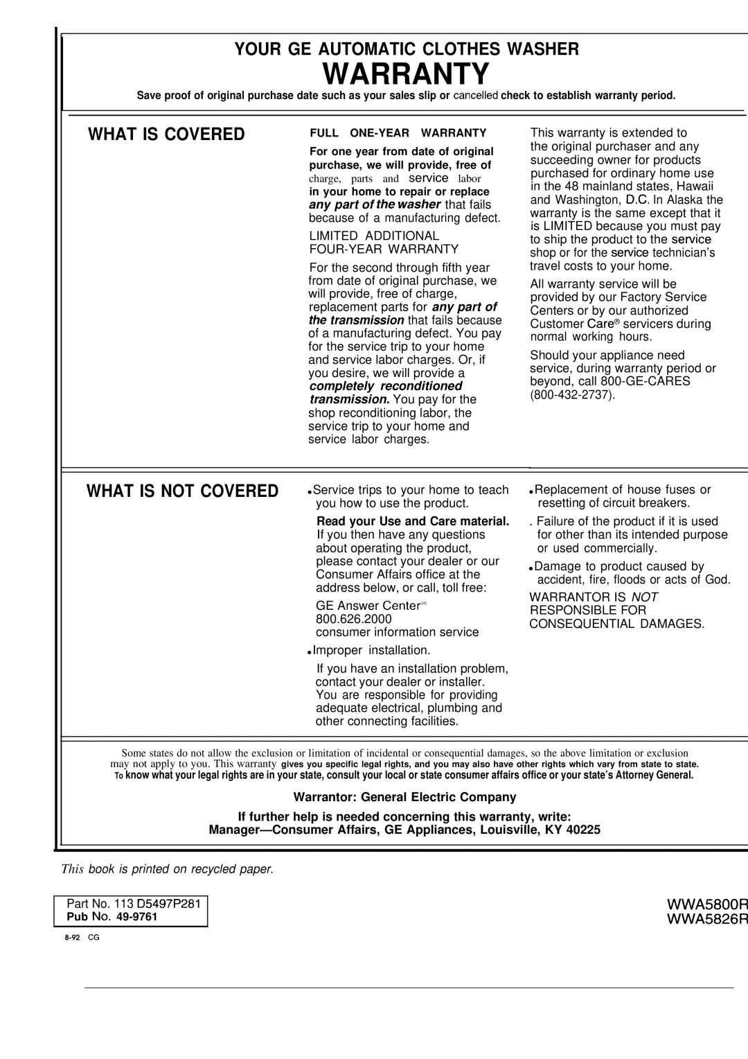 GE WA5800R, WA5826R operating instructions Warranty 