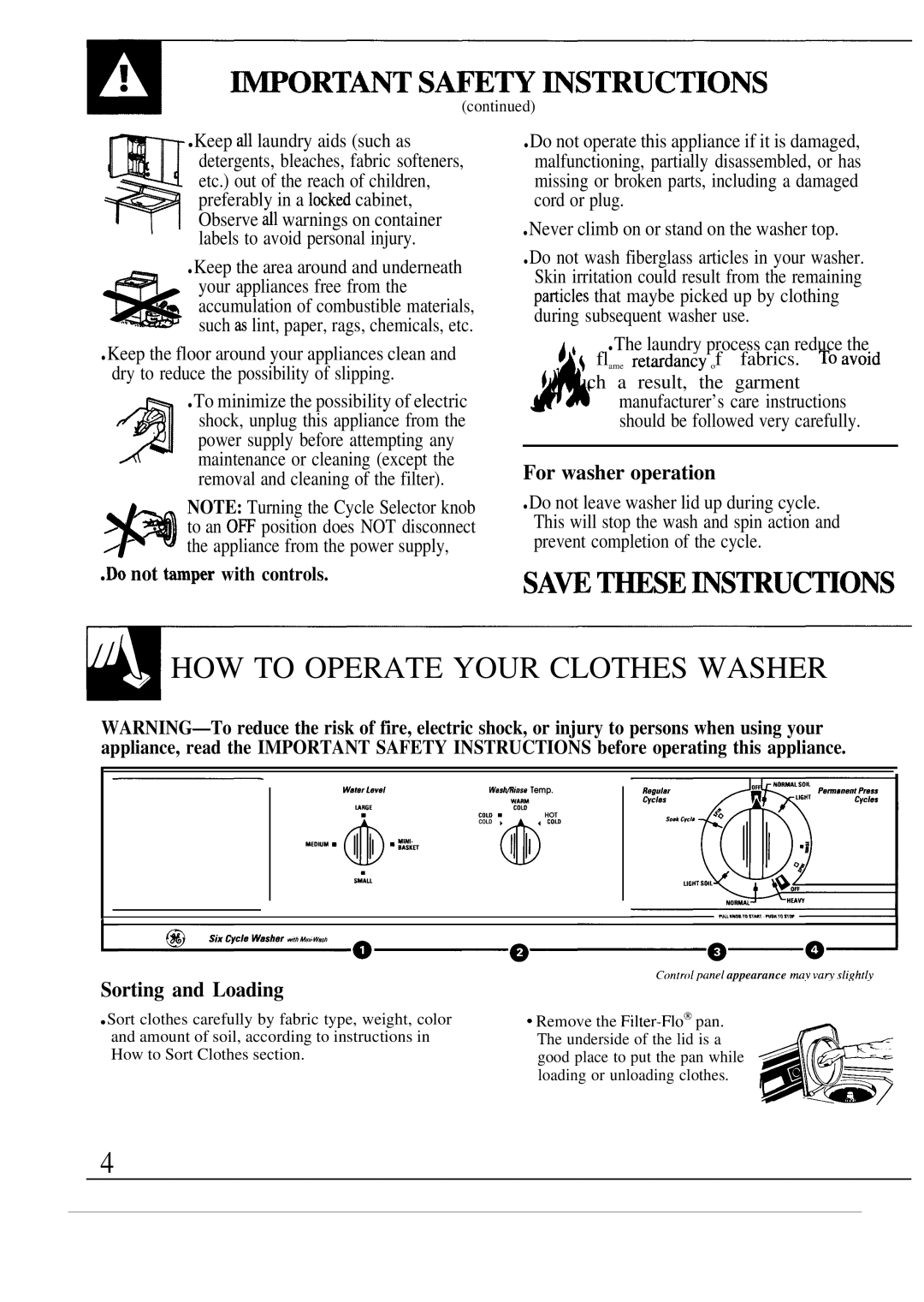 GE WA5800R Wortant S~E~ ~STRUCTIONS, HOW to Operate Your Clothes Washer, For washer operation, Sorting and Loading 