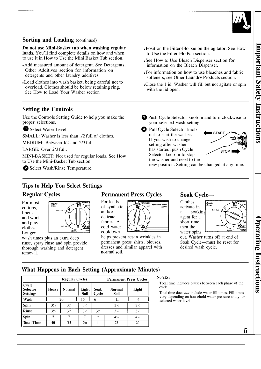 GE WA5826R Setting the Controls, Tips to Help You Select Settings Regular Cycles, Permanent Press Cycles Soak Cycle 