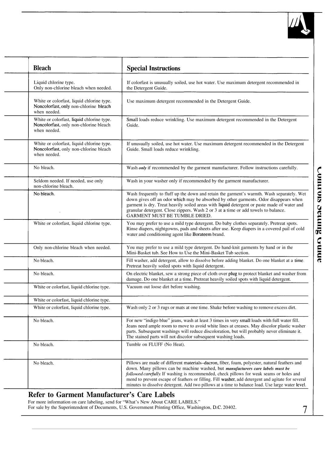 GE WA5826R, WA5800R operating instructions Refer to Garment Manufacturer’s Care Labels, Bleach, Special Instmctions 